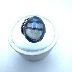 Handmade Wire Wrapped Ring Large Blue Glass Cabochon Artisan Statement Ring Size